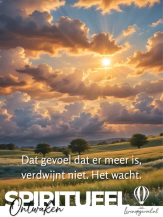 Een wijd open landschap met golvende groene heuvels, bloeiende wilde bloemen op de voorgrond en verspreide bomen onder een dramatische lucht met doorbrekend zonlicht. Tekst op de afbeelding: "Dat gevoel dat er meer is, verdwijnt niet. Het wacht." Met onderaan het label "Spiritueel Ontwaken" en het logo van levenopgevoel.nl.