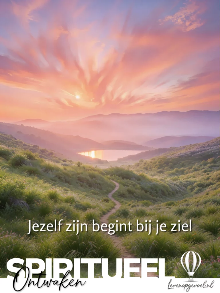 HDR landschapsfoto van een slingerend pad door weelderig groen gras richting bergen en een meer, met een dramatische roze-oranje zonsondergang. Tekst: "Jezelf zijn begint bij je ziel." Onderaan het label "Spiritueel Ontwaken" en het logo van Leven op gevoel.
