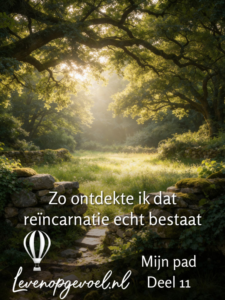 Licht doorbreekt een bladerdak van eikenbomen boven een smal pad van natuurstenen treden, omgeven door mos en groen struikgewas. Onderaan staan de tekst "Zo ontdekte ik dat reïncarnatie echt bestaat", het logo van Leven op gevoel en de woorden "Mijn pad Deel 11".